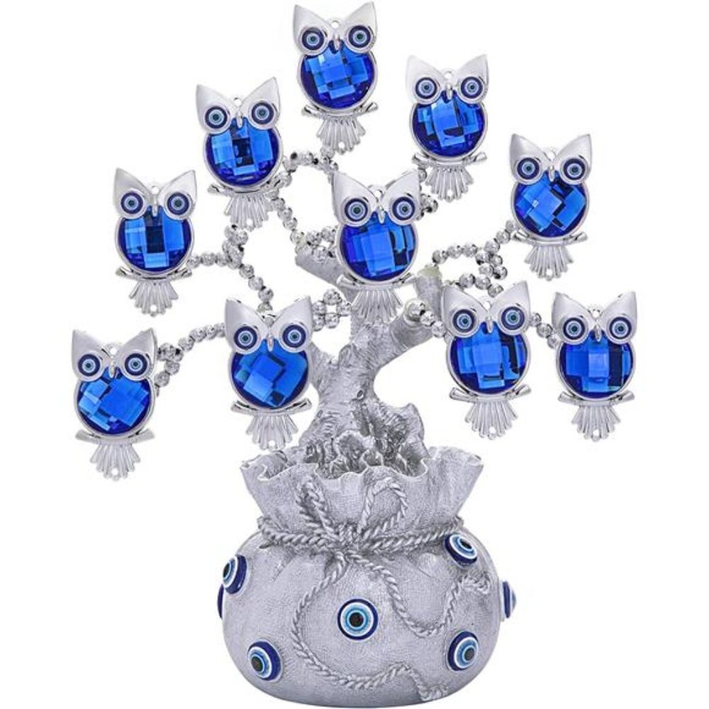 Owl Figurines Decorations Turkish Evil Eye Tree with Silver Lucky Bag for Home